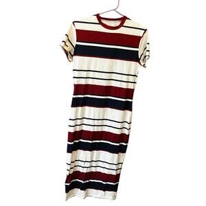 Striped Short Sleeve T-Shirt Midi Dress Cream Navy Wine Red Casual Stretchy M